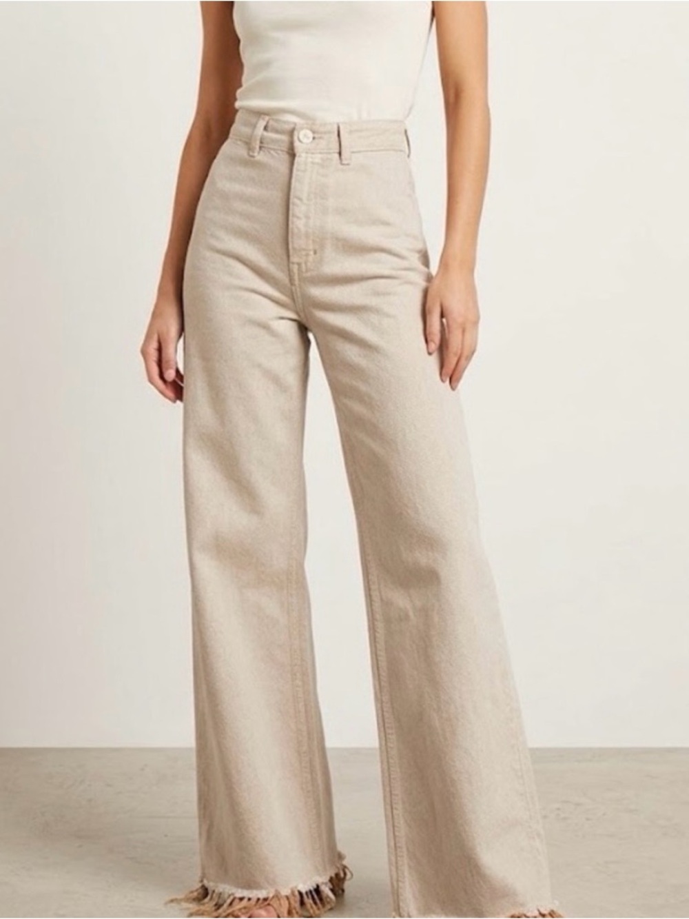 Zara Marine Straight Leg Jeans Light Tan Khaki High Rise Raw Hem Size 2